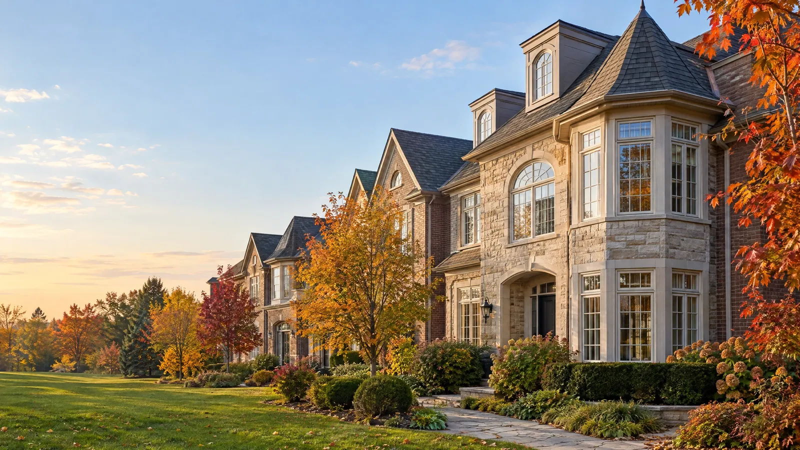 Stone and brick detached homes with a two-storey bay of grilled windows, an arched grilled window over the entry and arched dormers, among autumn maples
