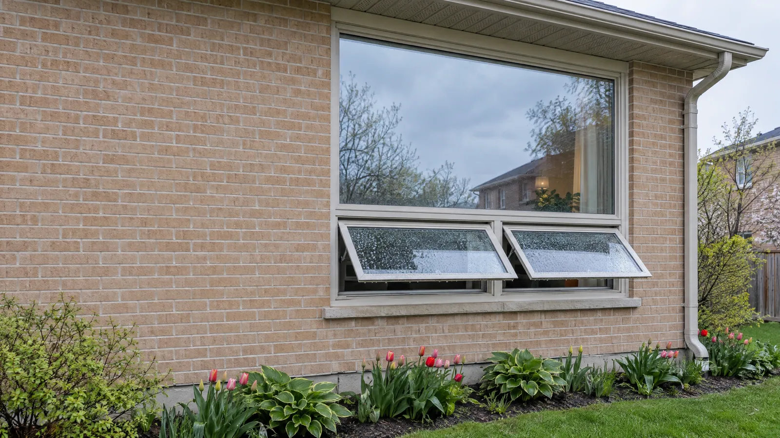 Large fixed picture window above two awning windows propped open at the bottom edge in a light spring rain