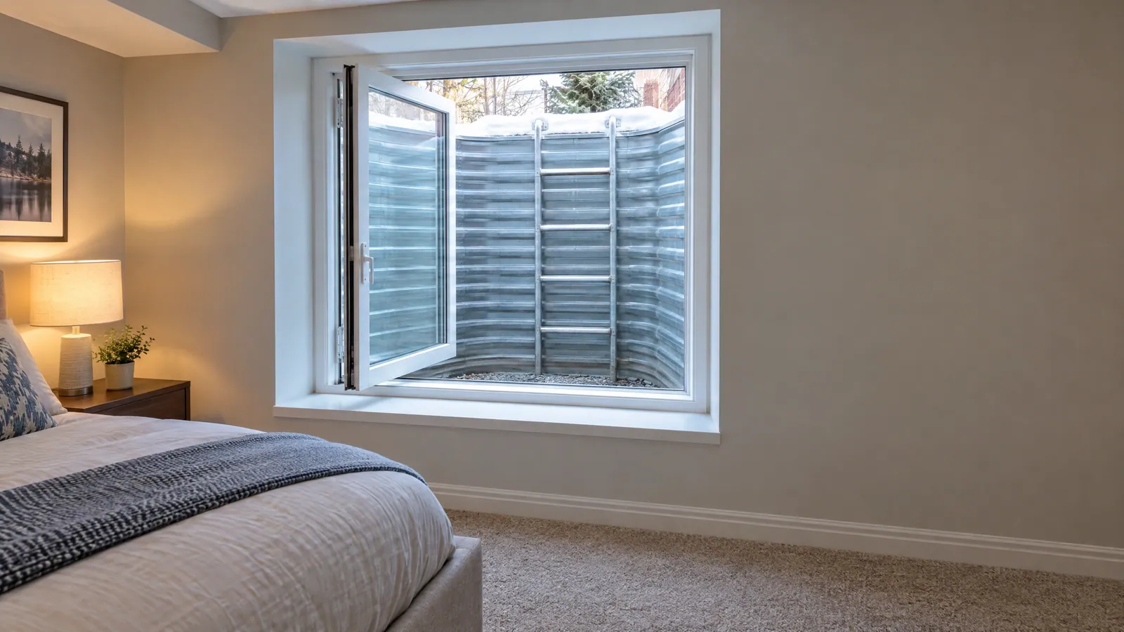 Finished basement bedroom with a large casement window swung open onto a window well fitted with a ladder