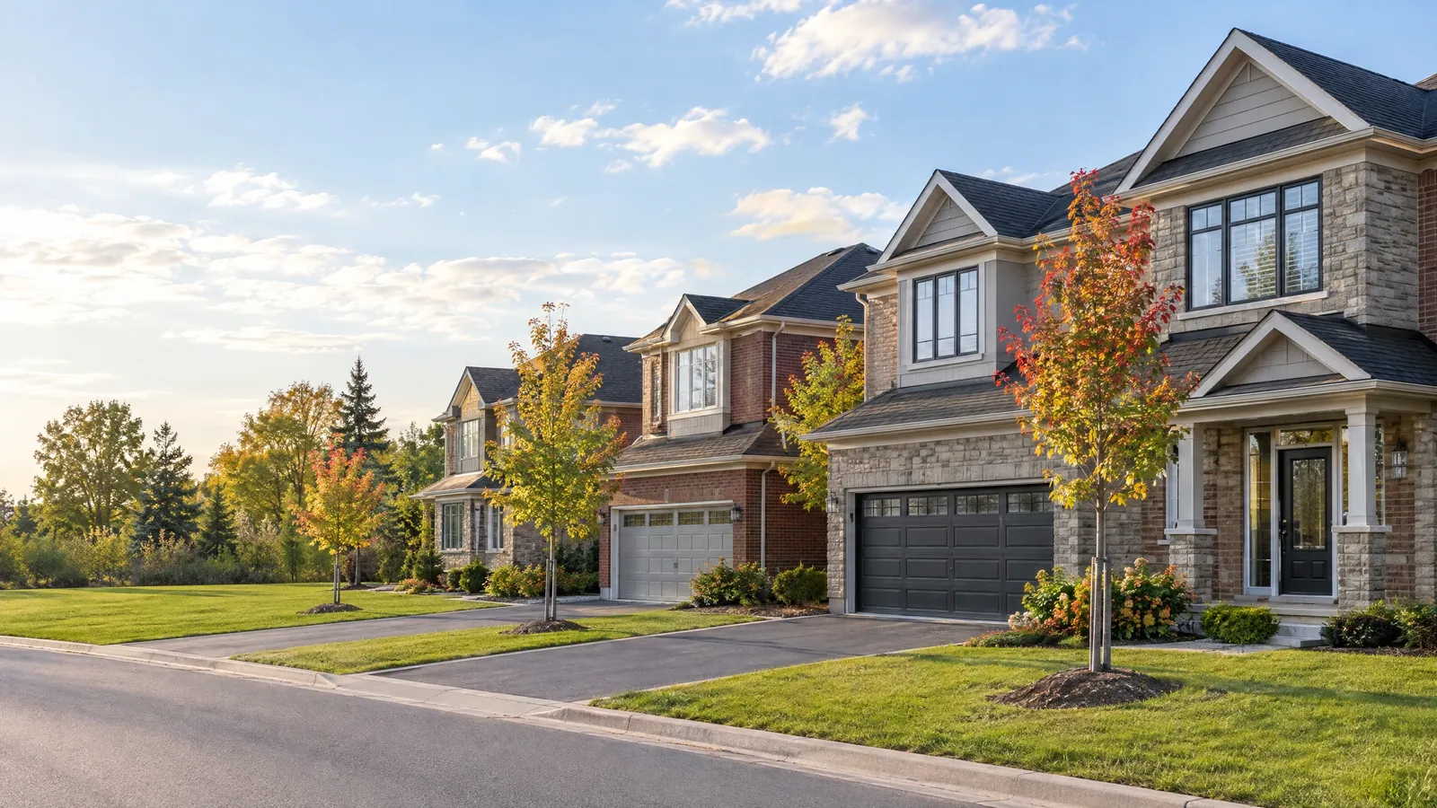 Street of newer two-storey homes in stone, brick and siding with casement windows, double garages and young maple trees turning red in autumn light