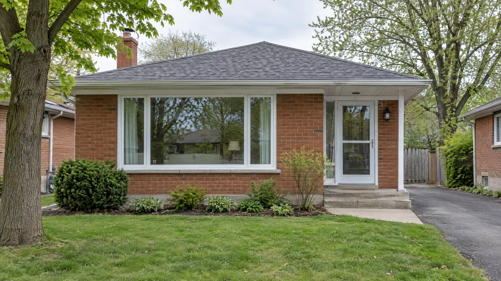 Red brick bungalow with a wide front picture window, white trim and a white storm door at the front step