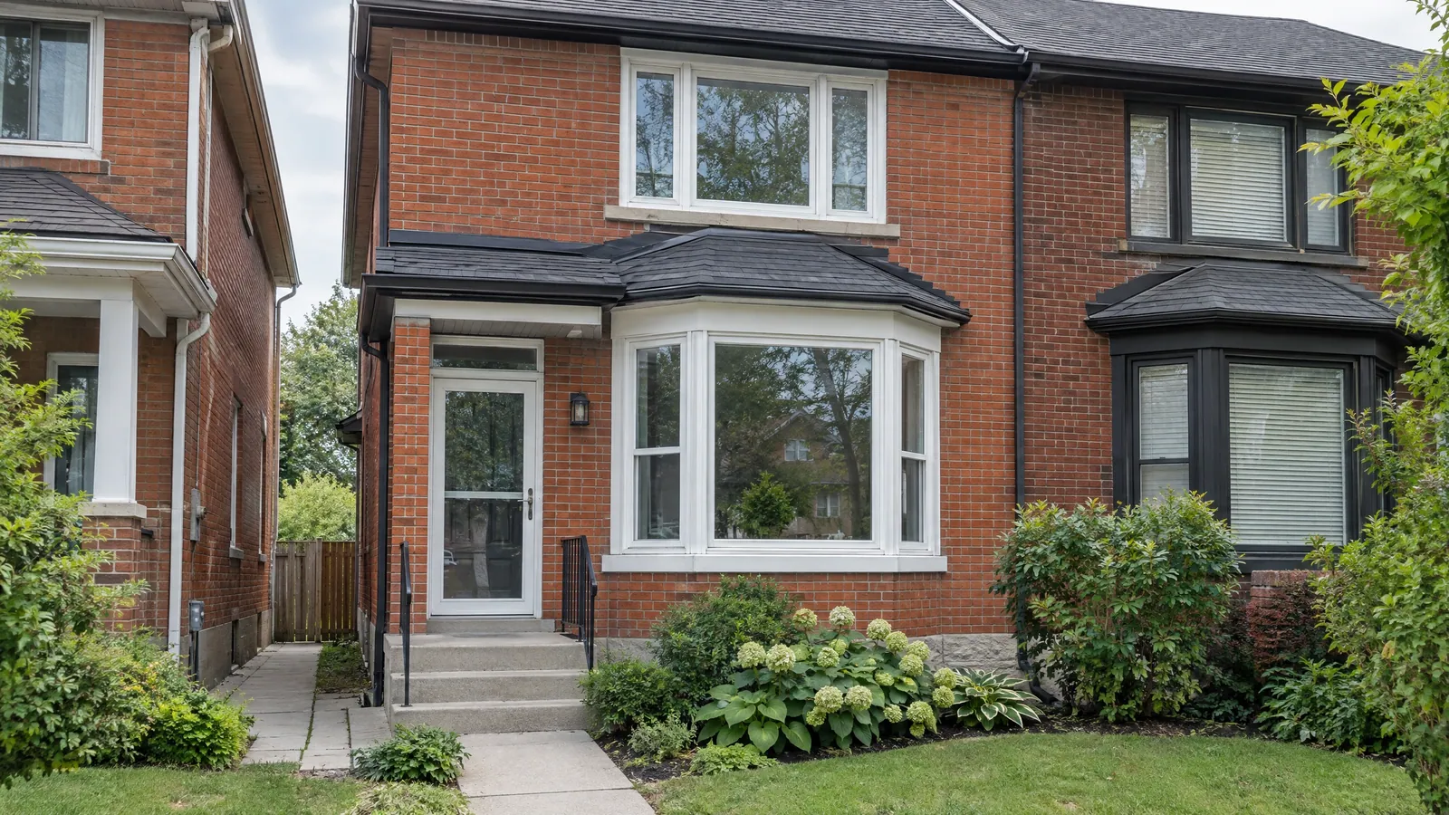 Red brick semi-detached house with a three-part white bay window on the ground floor and a white storm door beside it