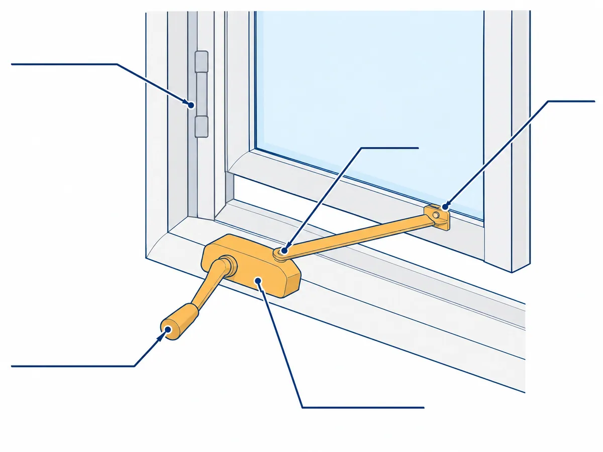 Diagram of a casement operator: the crank handle and gearbox on the sill, an arm running to a bracket on the sash, and a hinge on the side of the frame