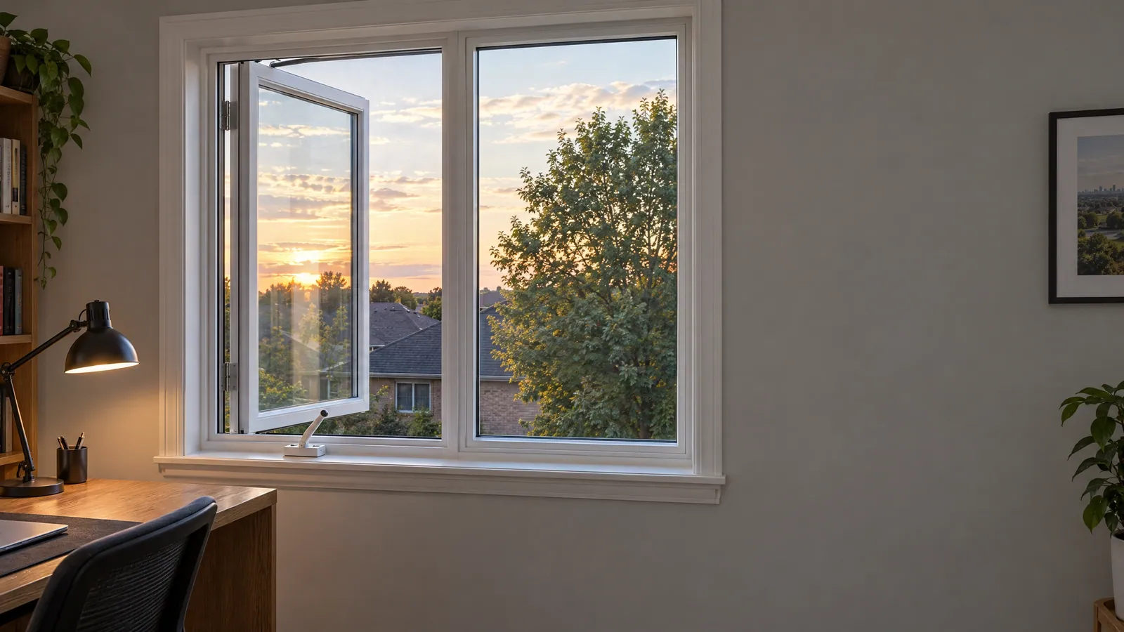 Home office with a white casement sash cranked open outward at sunset beside a fixed pane, the crank handle on the sill and rooftops beyond