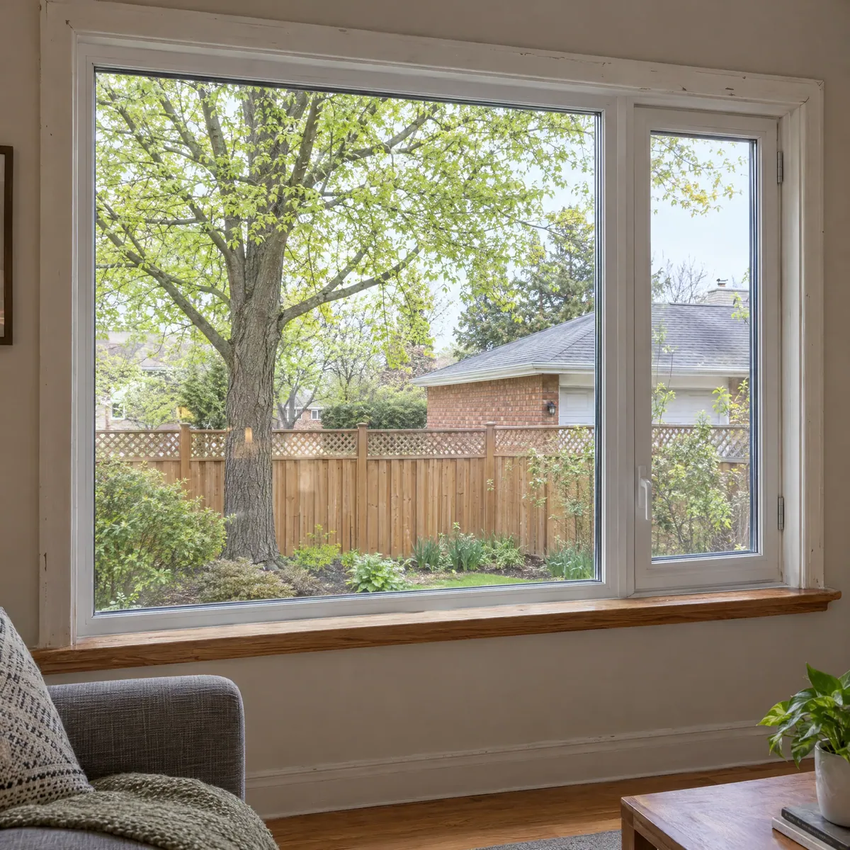 Living room picture window with clear glass looking out to a backyard tree and fence