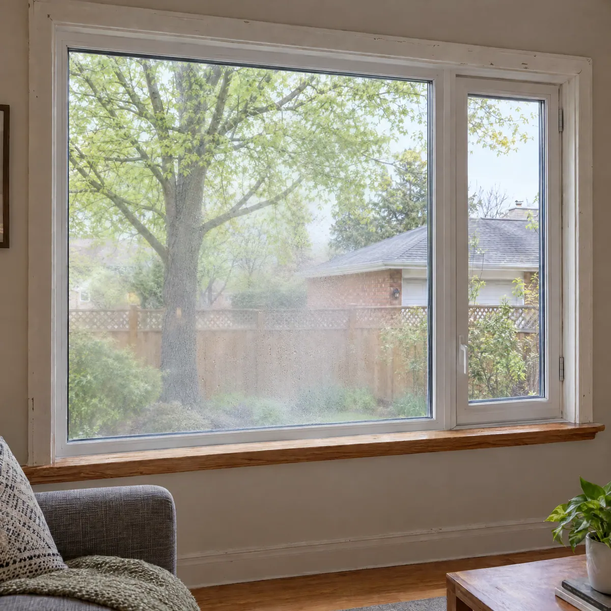 Living room picture window with a fogged, hazy sealed unit blurring the backyard view
