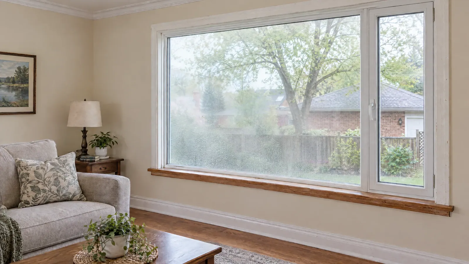 Living room picture window beside a casement, its sealed unit fogged so the backyard beyond is a grey blur