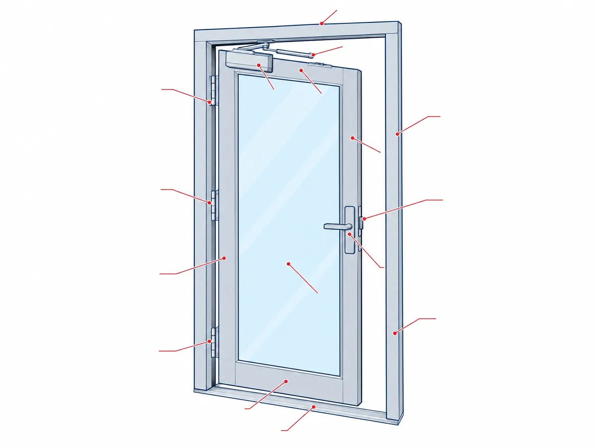 Line drawing of an aluminum-framed glass swing door with callouts at the overhead closer, hinges, lock, threshold and frame