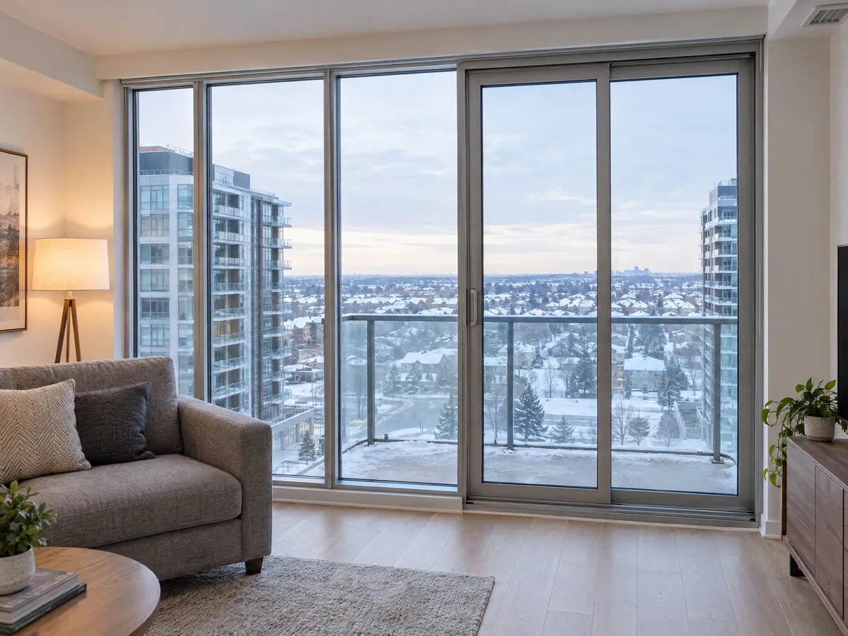Condo living room with a floor-to-ceiling window wall and a sliding balcony door, snow on the balcony and towers beyond