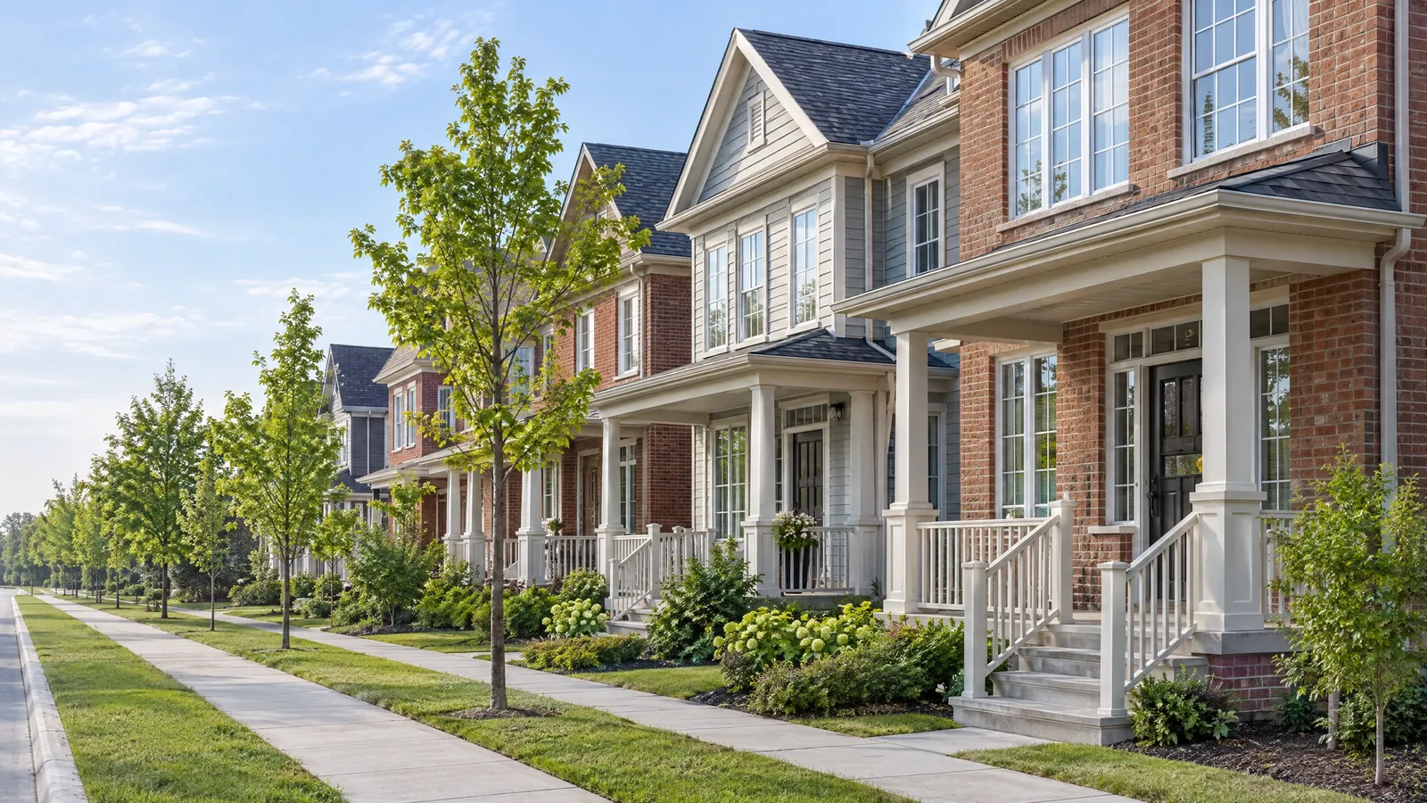 Row of brick and siding townhomes with white-columned front porches, railings and multi-pane windows along a sidewalk lined with young trees in early summer