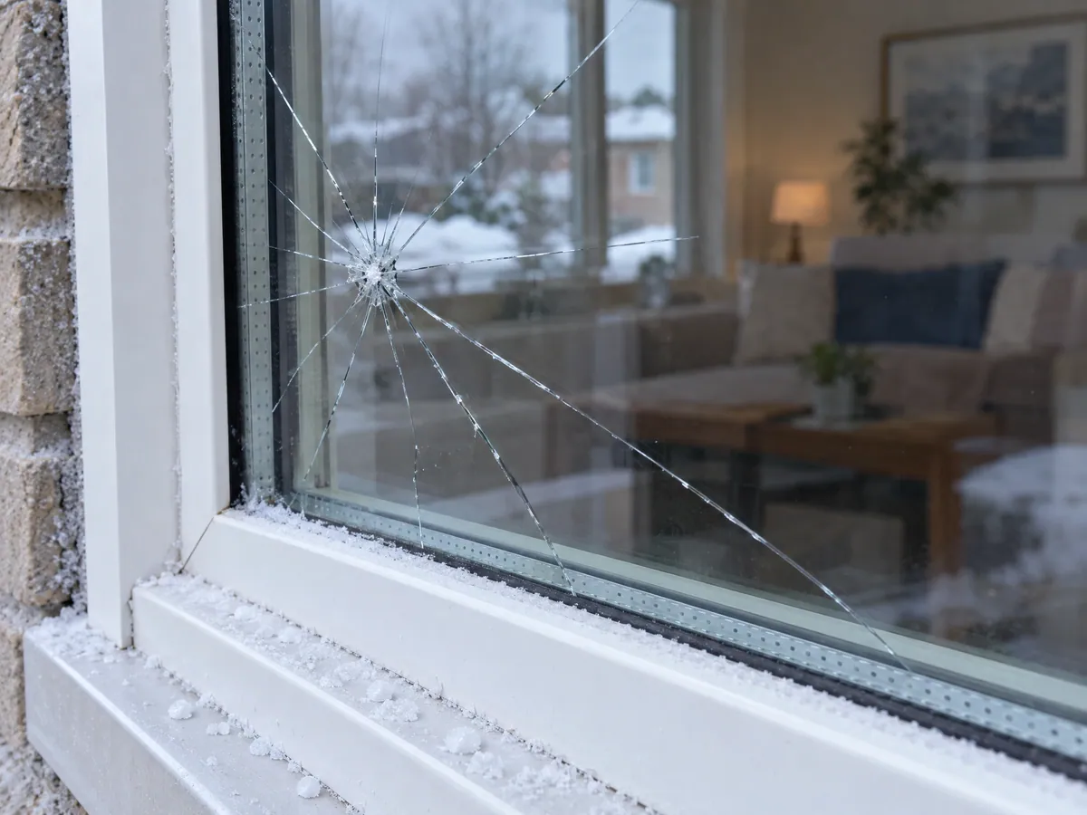 Starburst crack spreading across the outer pane of a double-glazed window, frost on the sill, the inner pane intact and a living room visible beyond