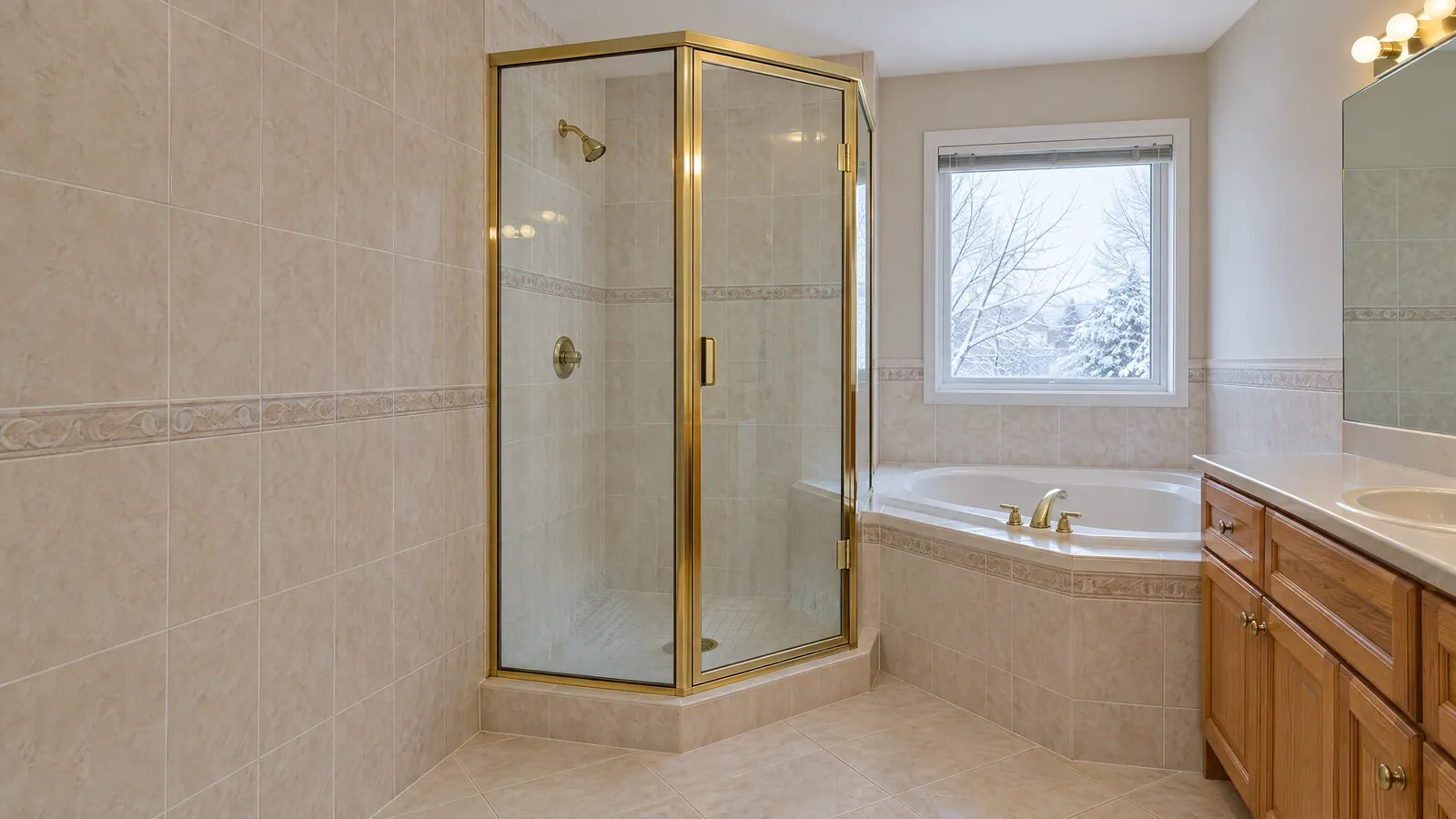 1990s-style ensuite with a gold-toned framed neo-angle shower in the corner, a tiled soaker tub under the window and an oak vanity
