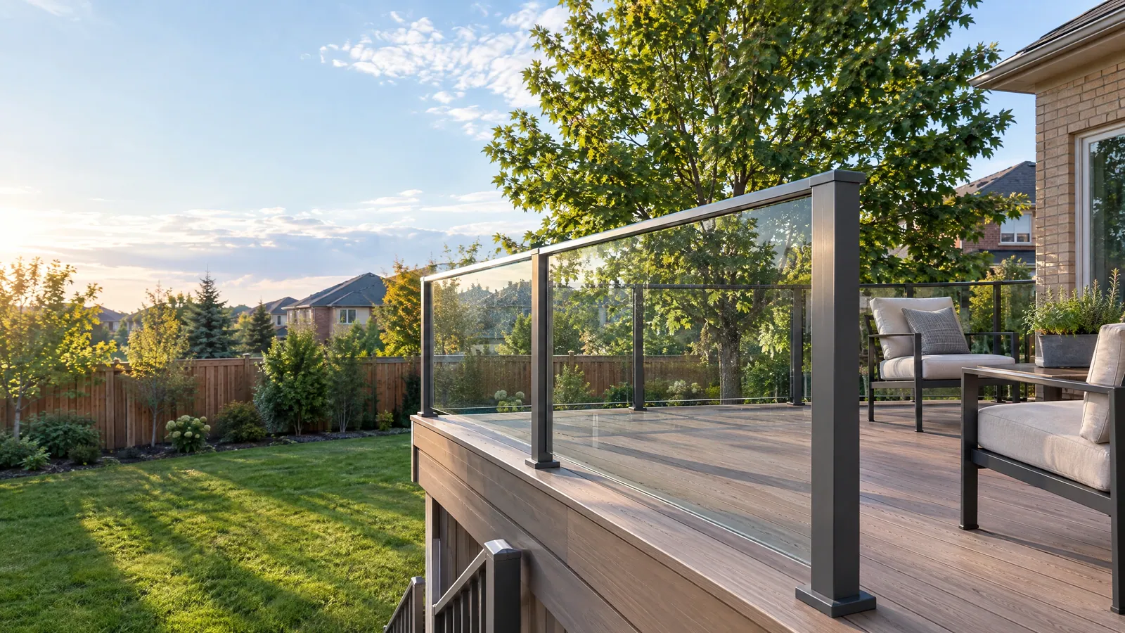 Raised composite deck behind a brick two-storey house, with clear glass panels set between dark aluminum posts and a top rail, overlooking a lawn and fenced yards