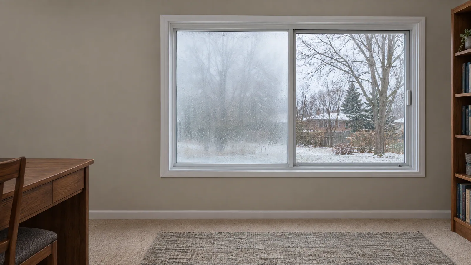 Home office with a wide white horizontal slider window: the fixed pane on the left is fogged and streaked, while the sliding pane on the right shows a clear view of a snowy backyard and bare trees