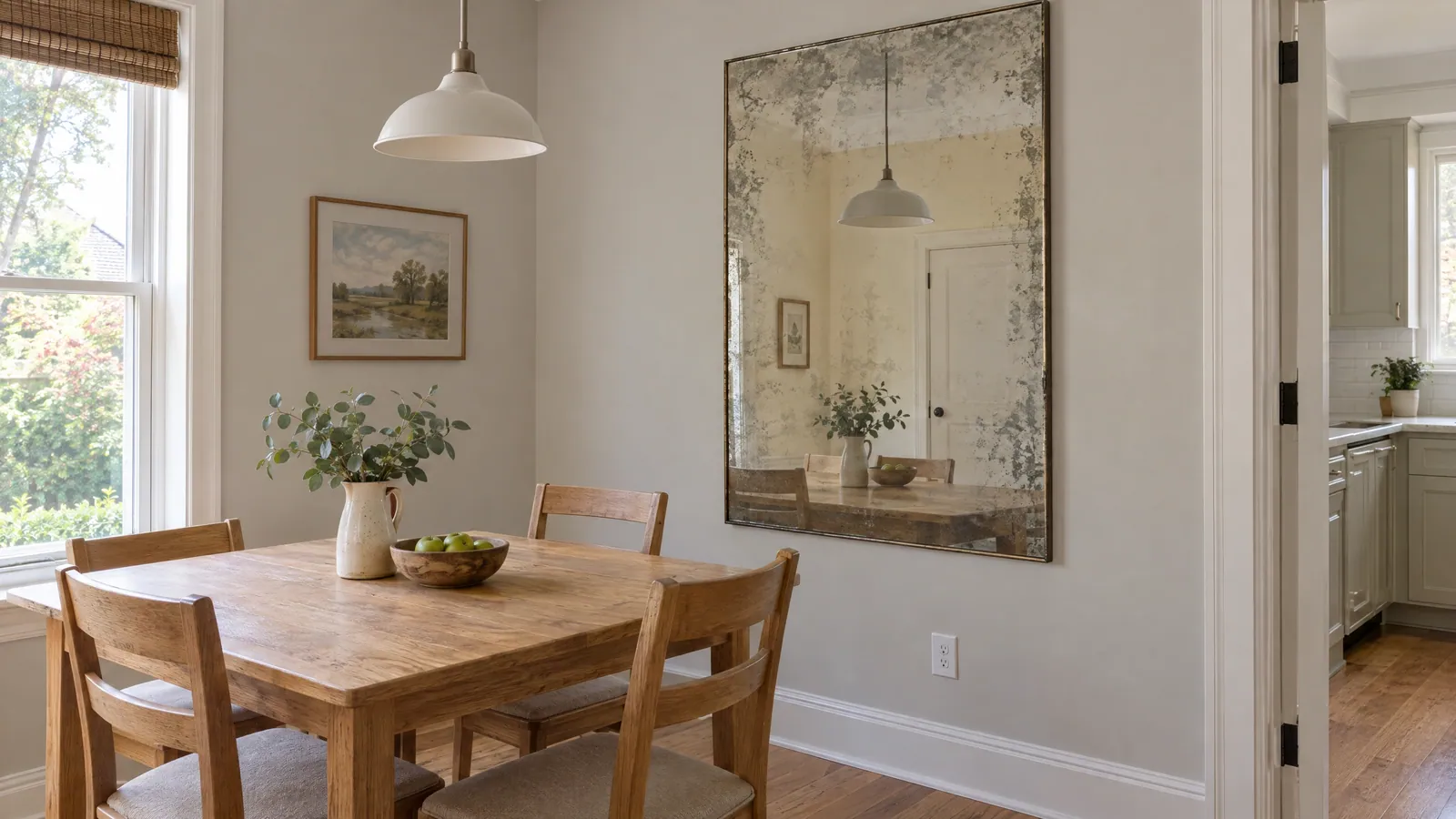 Dining nook with an oak table and chairs under a white pendant light, facing a large wall mirror with a mottled antique finish