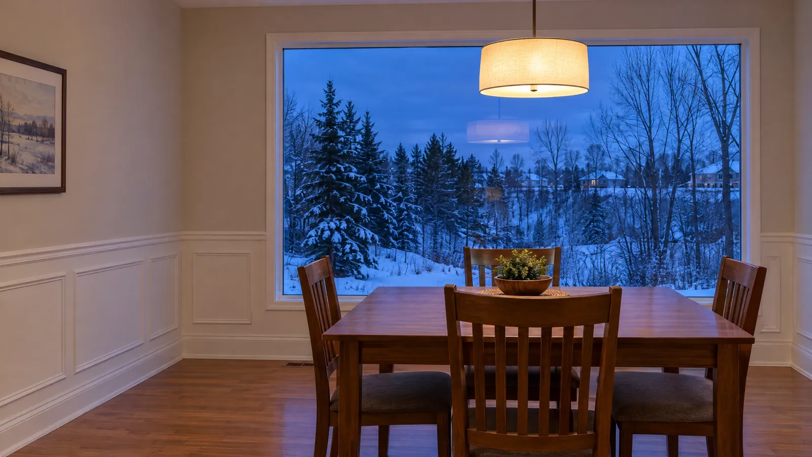 Dining room with a large fixed picture window looking out on a snowy ravine at dusk