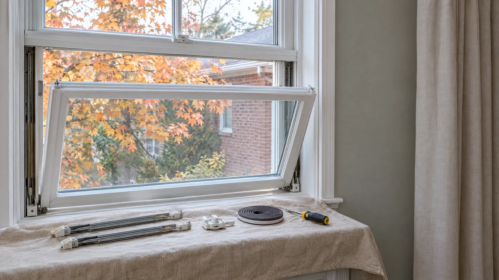White double-hung window with its lower sash tilted in, two new spring balances, a sash lock, a roll of foam weatherstrip and a screwdriver laid on a cloth over the sill