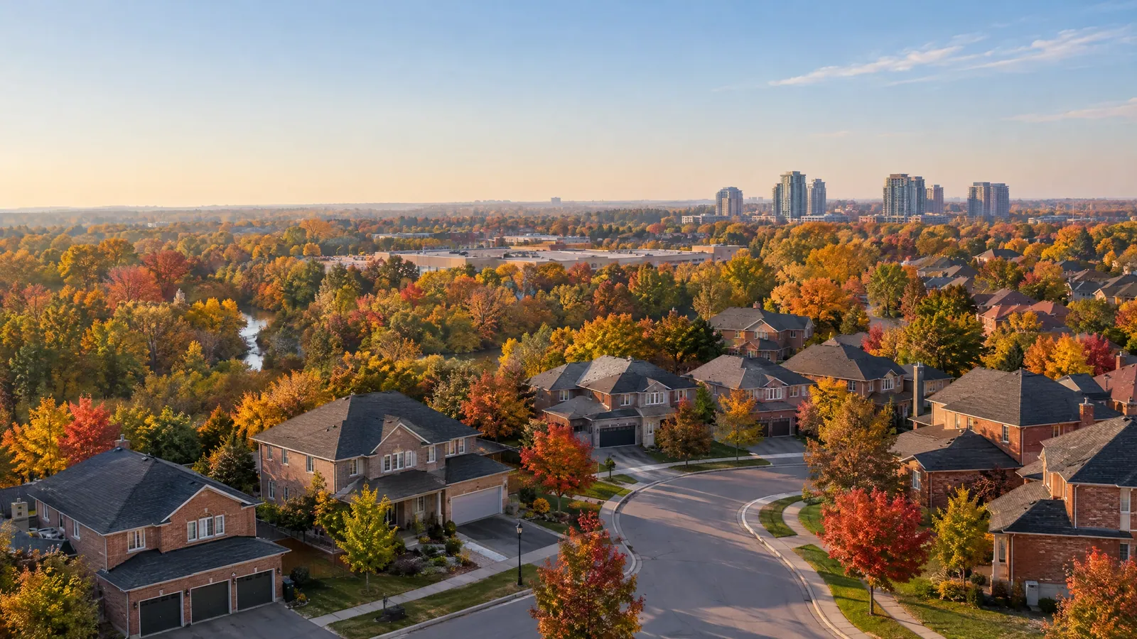 Looking over curving streets of two-storey brick houses and maples in full autumn colour, with a cluster of condo towers on the horizon