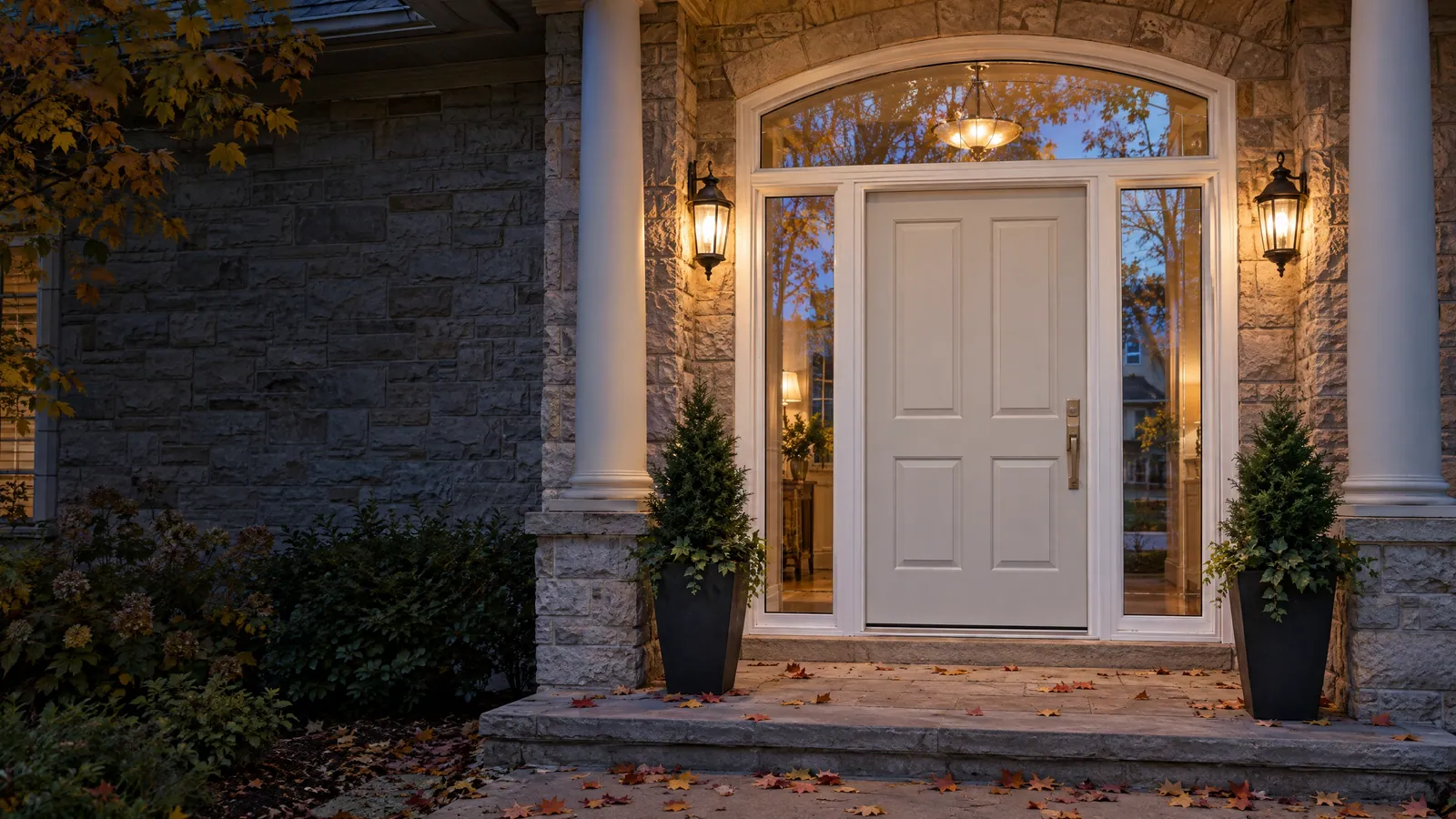 Covered stone front entry at dusk: a white panelled door with two full-height clear sidelights and an elliptical glass transom, lit by two lanterns, autumn leaves on the steps