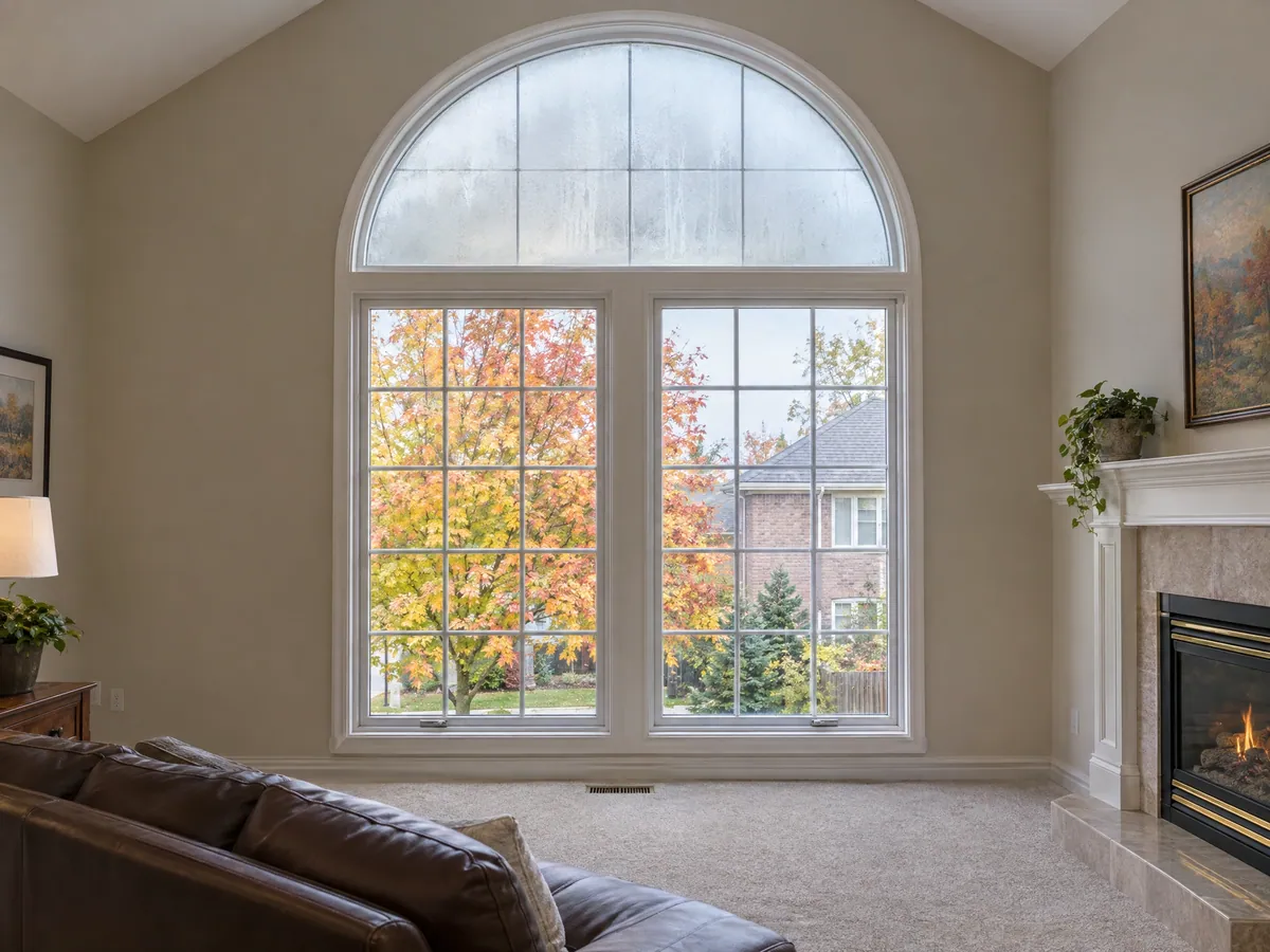 Two-storey family room window wall with a fogged half-round sealed unit above clear rectangular panes and autumn trees outside