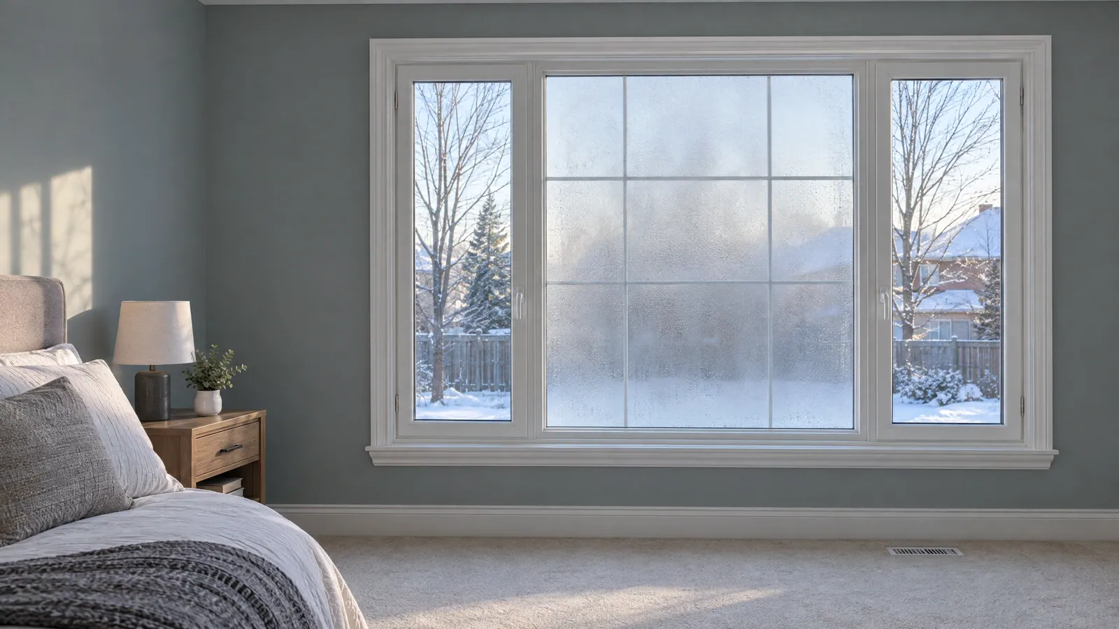 Bedroom window with colonial grilles inside a fogged centre sealed unit, clear casements on either side and a snowy backyard beyond