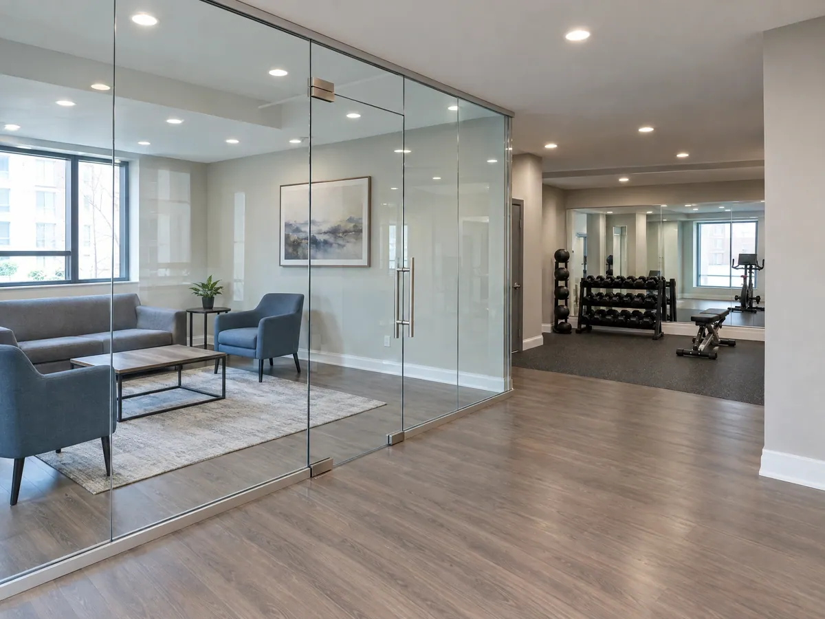 Frameless glass wall and swing door enclosing a lounge with a sofa and armchairs, a fitness room with a mirrored wall beyond