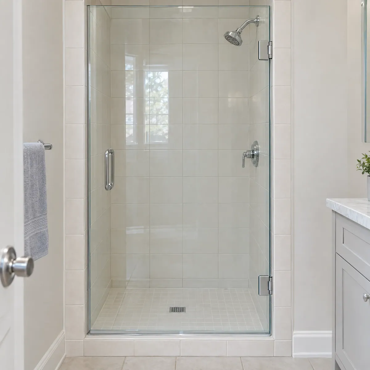Tiled alcove shower with a frameless glass door and chrome hinges