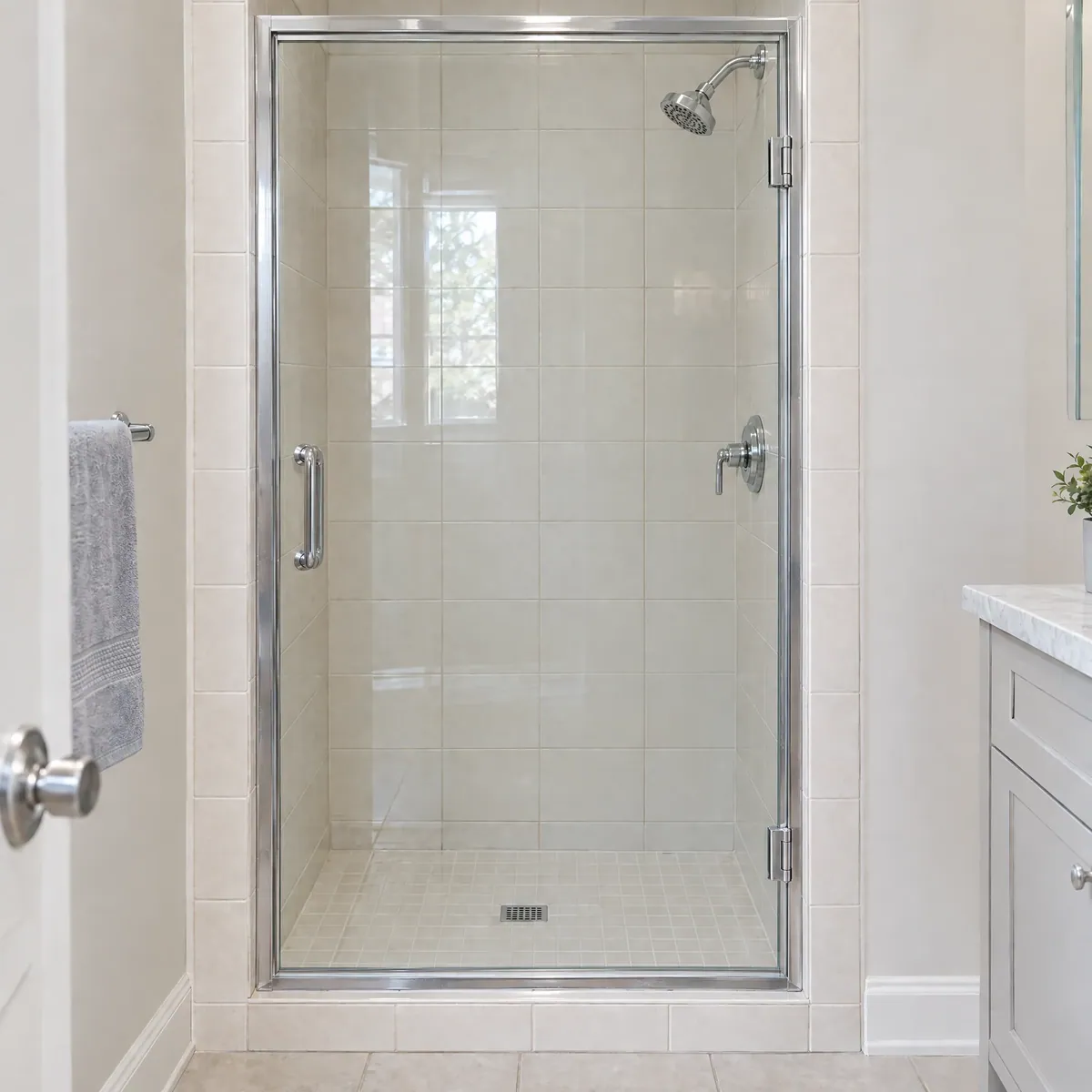 Tiled alcove shower with an older framed chrome shower door