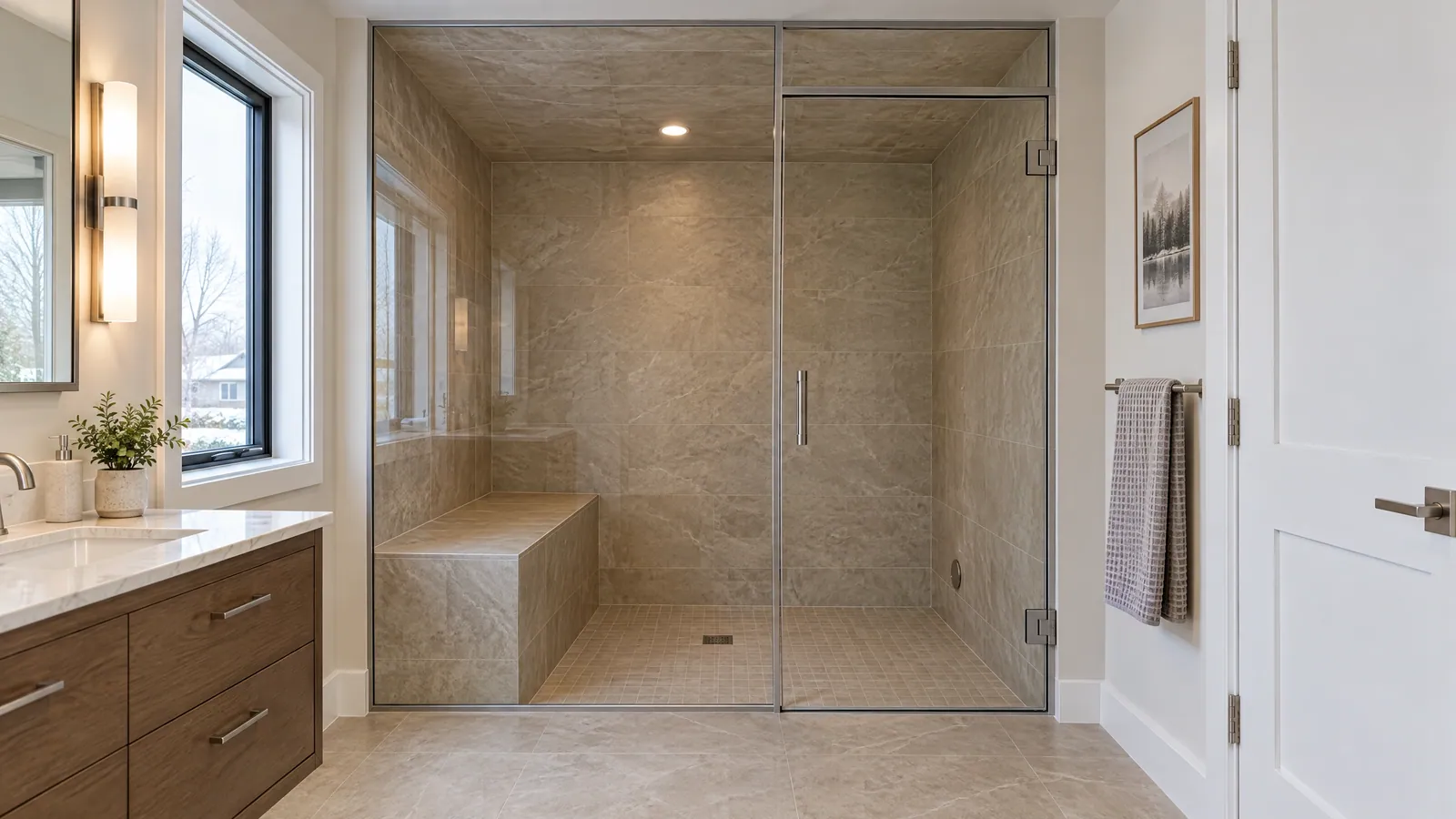 Walk-in steam shower closed in by floor-to-ceiling glass with a hinged door, a glass transom above it and a tiled bench inside