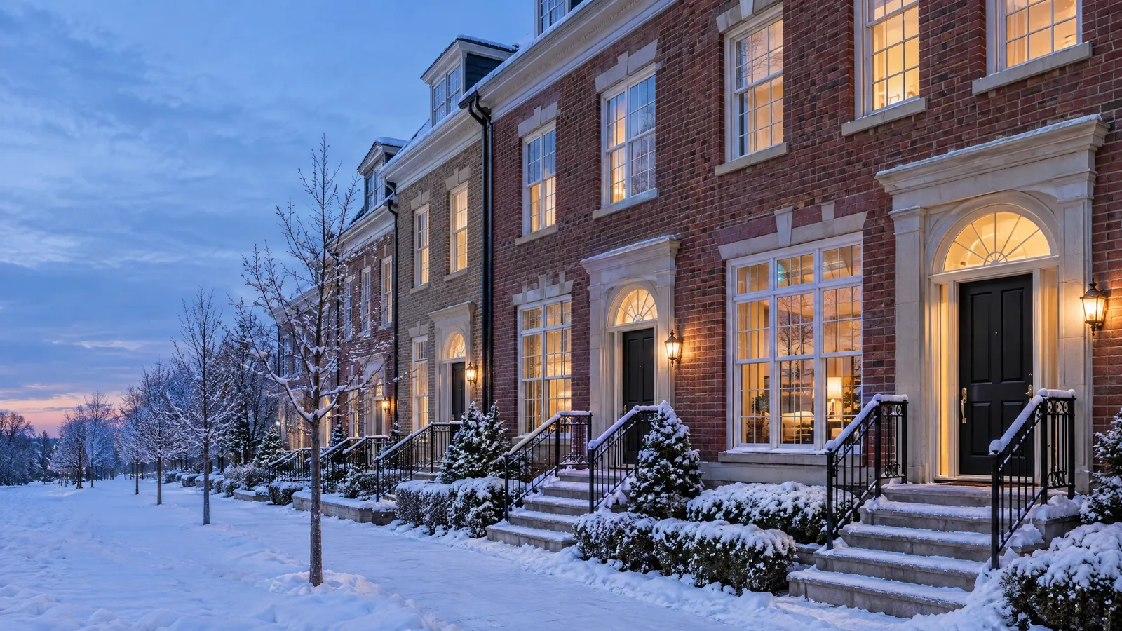 Georgian-style red-brick townhomes with tall multi-pane windows, half-round fanlights over black front doors and snow-covered steps at winter dusk