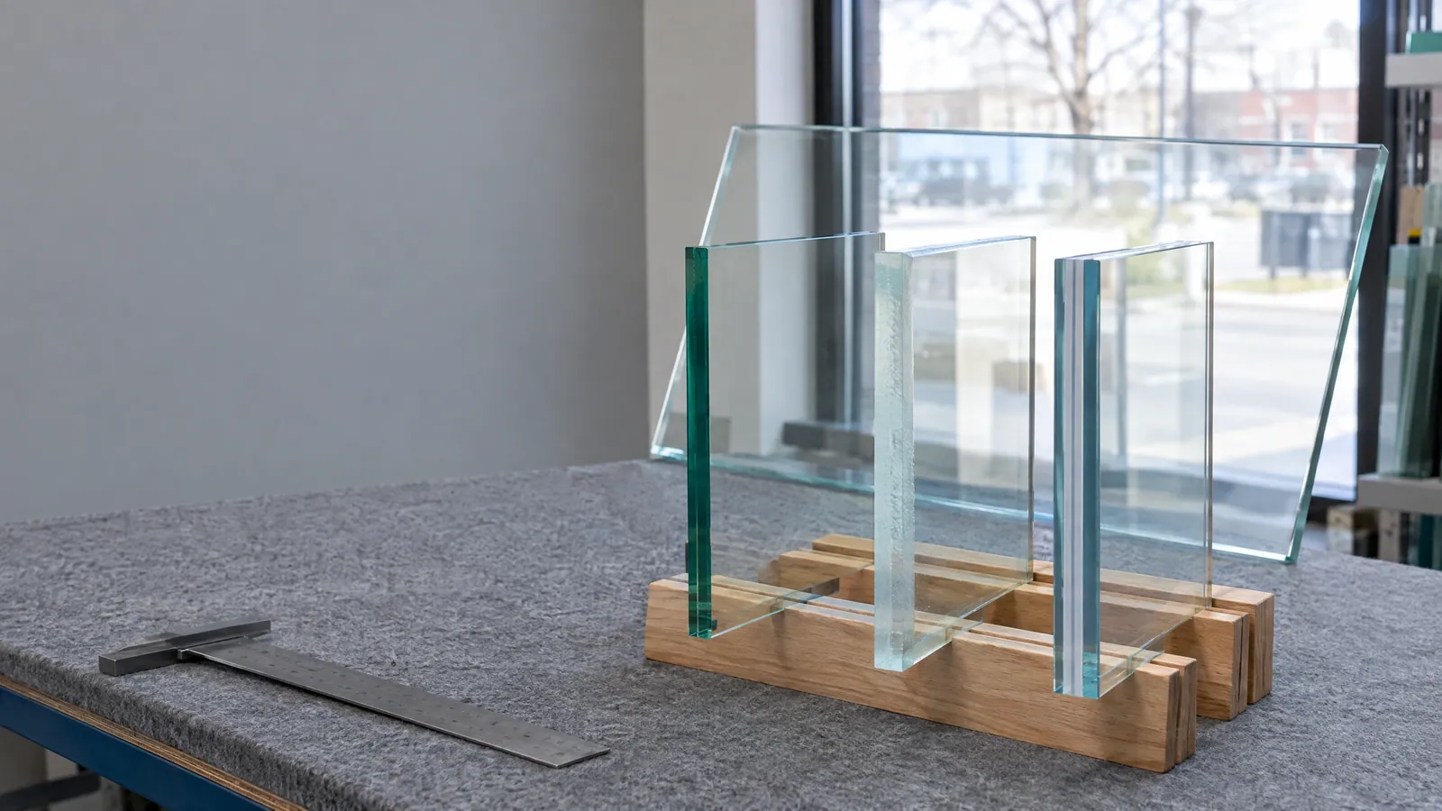 Three glass samples standing edge-on in a wooden rack on a felt-covered cutting table, showing the plain green edge of annealed glass, a tempered edge and the layered edge of laminated glass