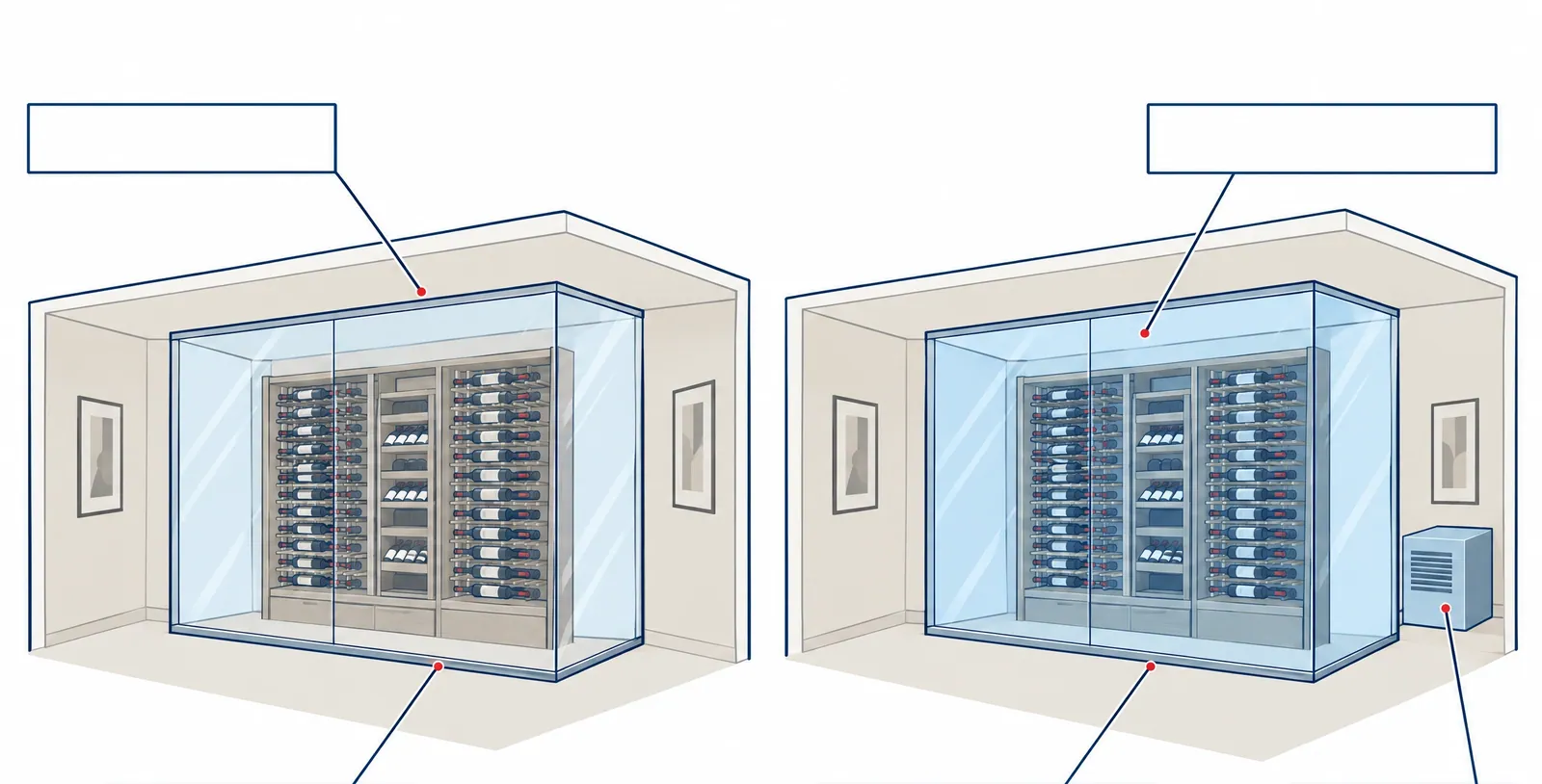 Two drawings of a glass-fronted wine room: on the left, glass panels enclosing wine racks; on the right, the same room with a cooling unit mounted on the side wall