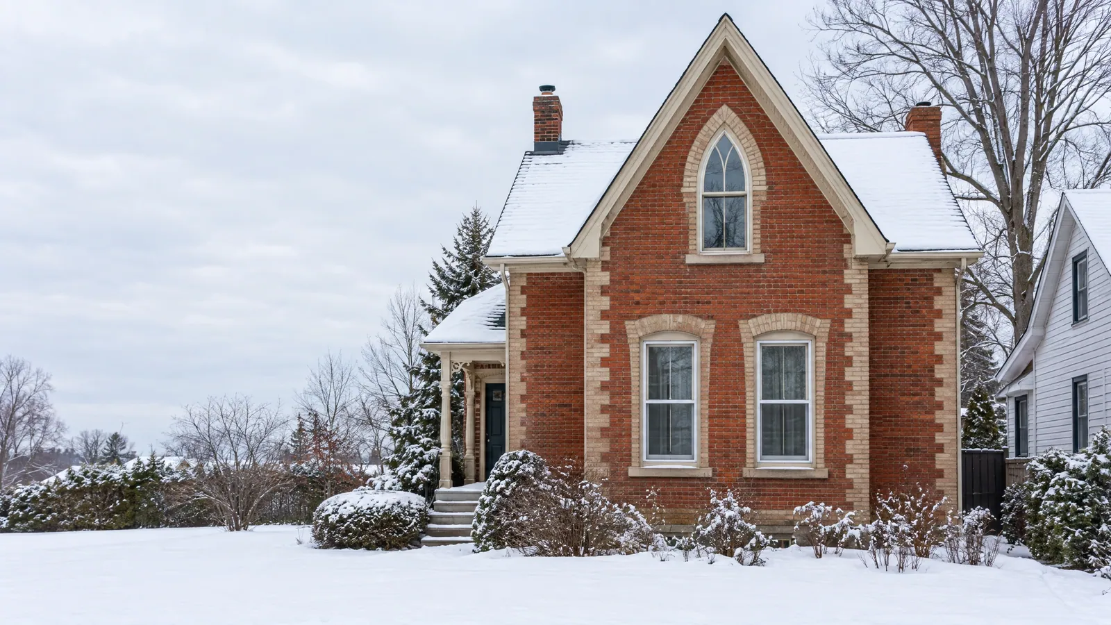 Red-brick 19th-century cottage with buff-brick trim around a pointed Gothic gable window and two tall sash windows fitted with wood storms, in fresh snow