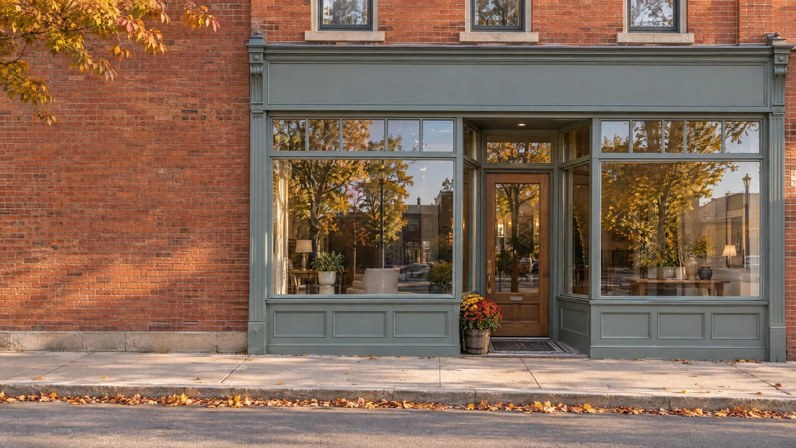 Painted wood storefront on a brick heritage building, with large plate-glass display windows, transom lights and a recessed entry door