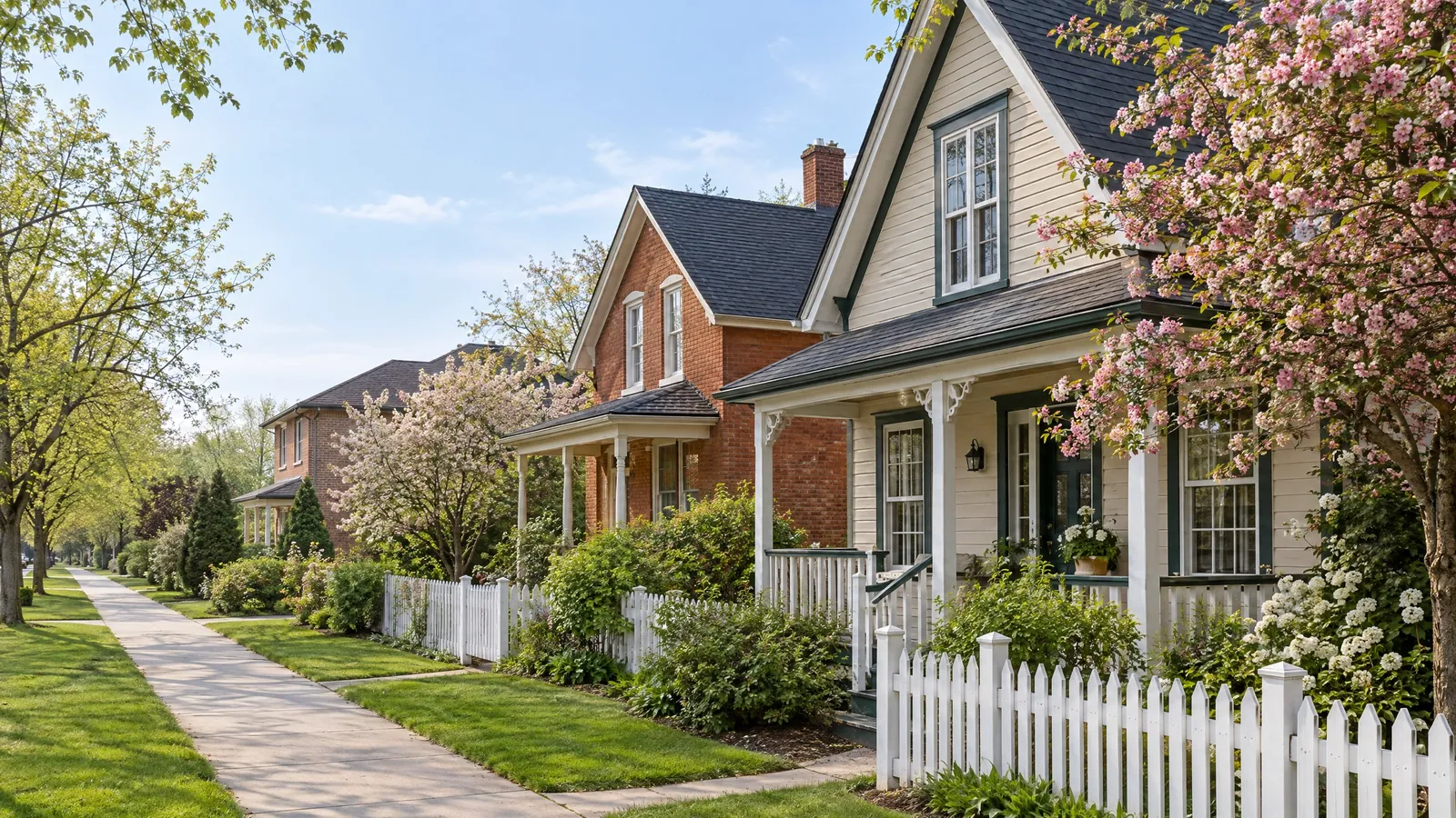 Spring on a heritage village street: a cream frame house with a porch and tall double-hung windows beside a red-brick house, behind white picket fences and a flowering tree
