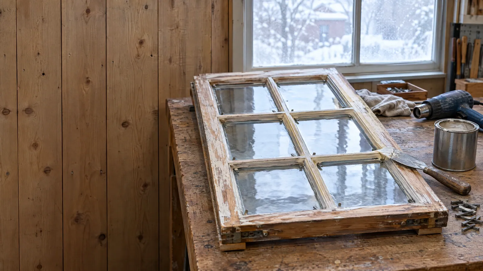 Six-pane wood sash on a workbench with peeling paint and fresh glazing putty around rippled old glass, glazier's points, a putty knife, a heat gun and a tin of glazing compound beside it