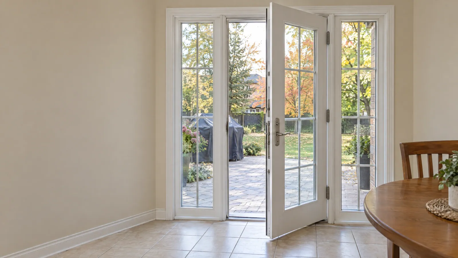 White hinged garden doors and sidelights with colonial grilles, one door open onto an interlock patio in autumn