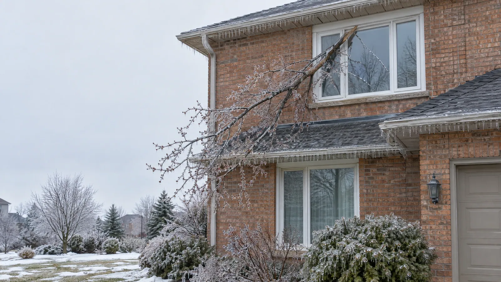 Ice-coated branch fallen against a brick two-storey house, its tip through a cracked upstairs window after a spring ice storm, icicles along the eaves