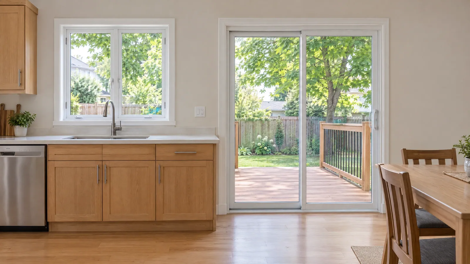 Kitchen with a white casement window over the sink and a two-panel sliding patio door beside it, opening onto a wood deck and fenced yard in summer