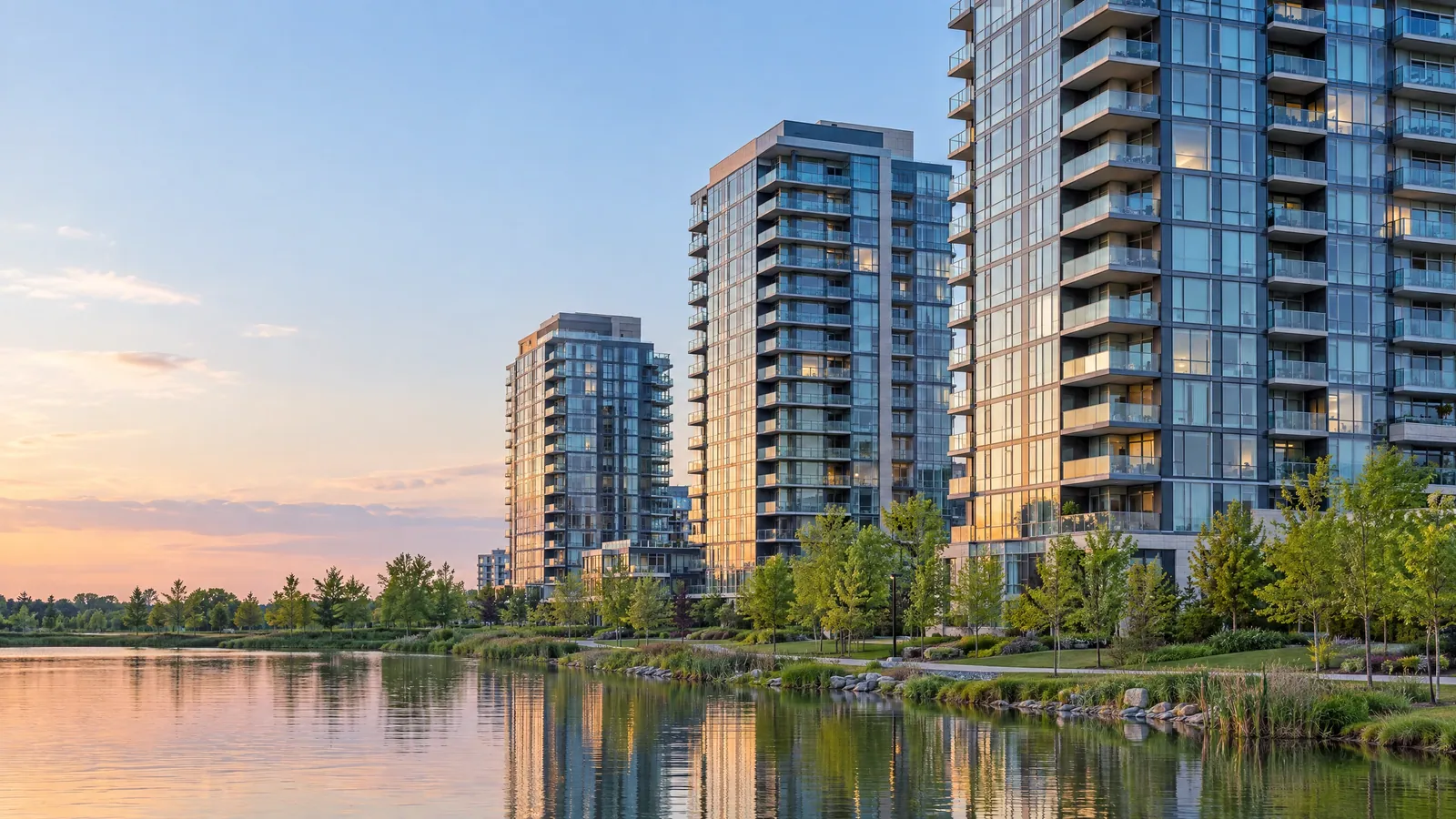 Contemporary condo towers with glass balconies and window-wall facades reflected in a park pond at sunset, with young trees along the shore