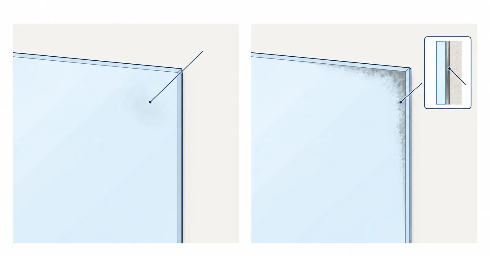 Illustration of two mirror corners: a small smudge on the glass surface on the left, and dark spotting creeping in from the edge on the right, with an inset of the backing layer behind the glass