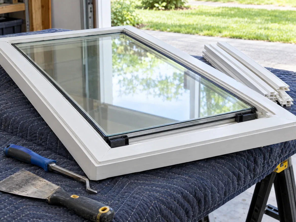 New double-glazed sealed unit resting on black setting blocks inside a white vinyl sash laid on a quilted moving blanket, with the removed glazing stops stacked beside it and a putty knife and screwdriver in front