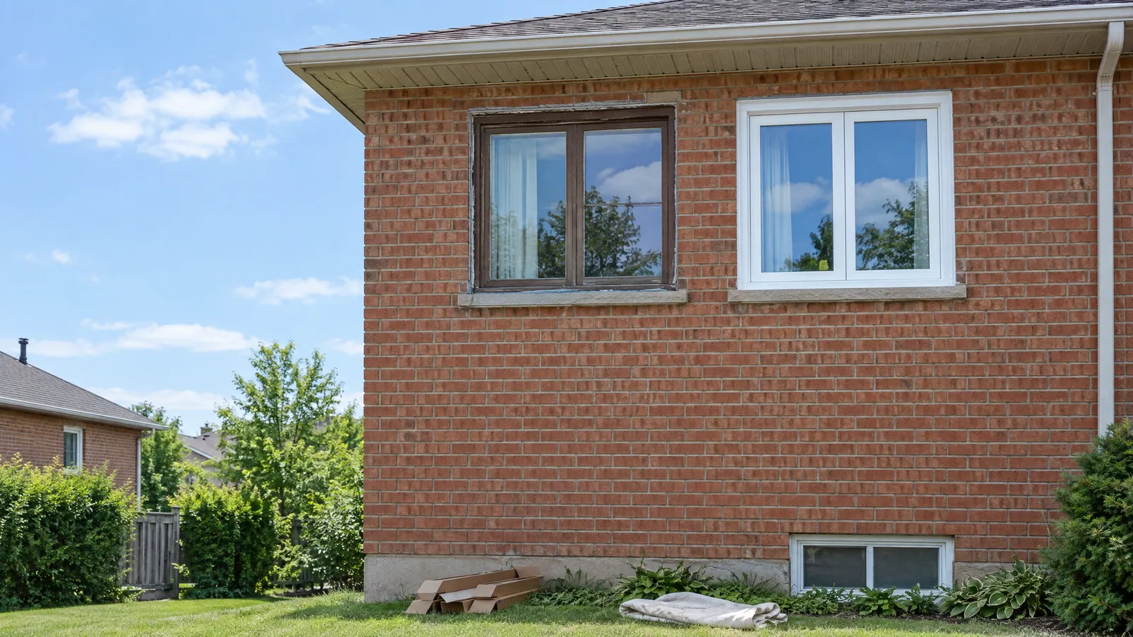 Brick house wall with an original brown-framed window beside a newly installed white vinyl casement pair, window packaging and a drop sheet on the lawn below