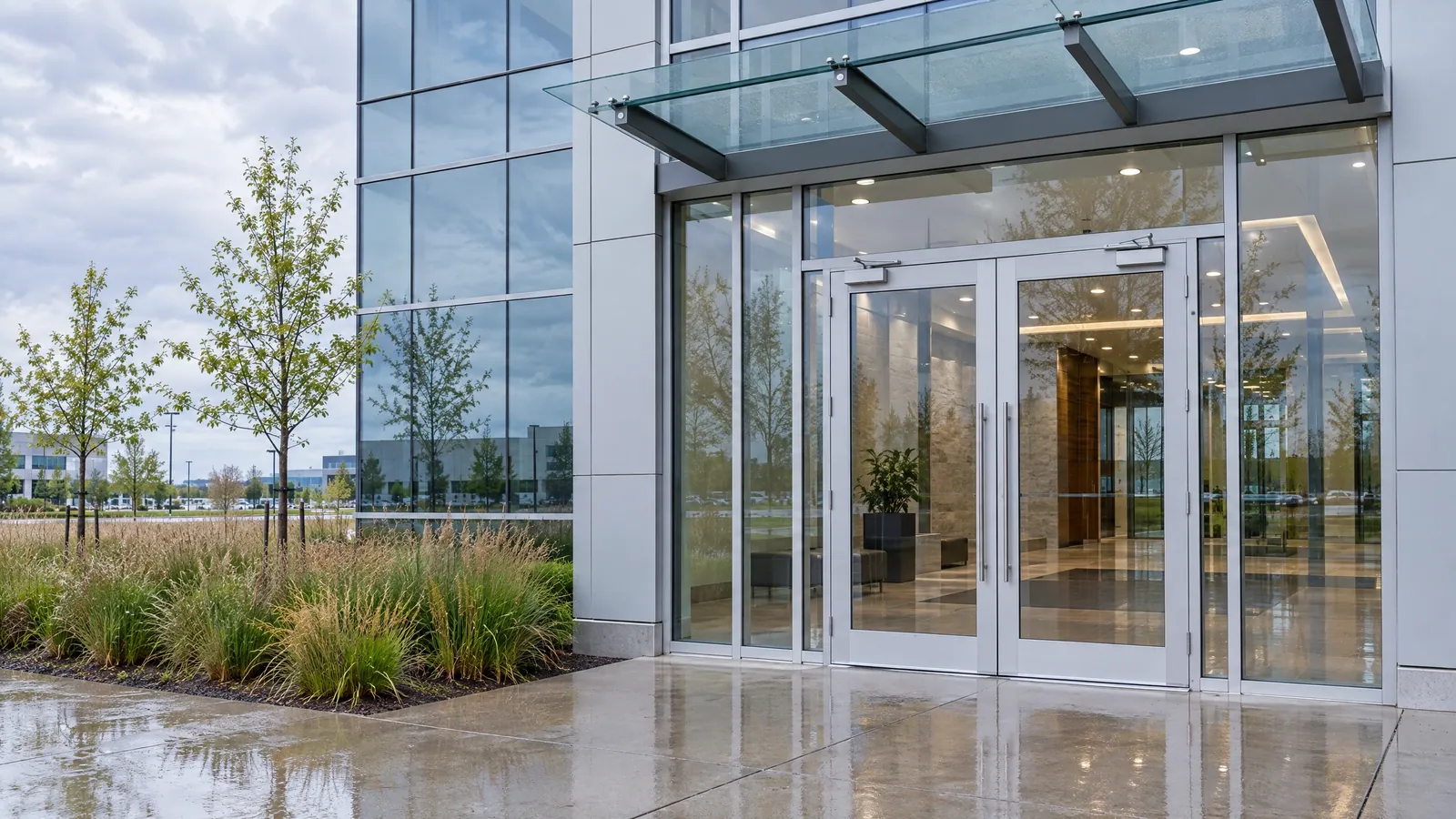Office entrance with paired aluminum-framed glass doors, overhead closers, tall sidelights and a glass canopy on a rainy day
