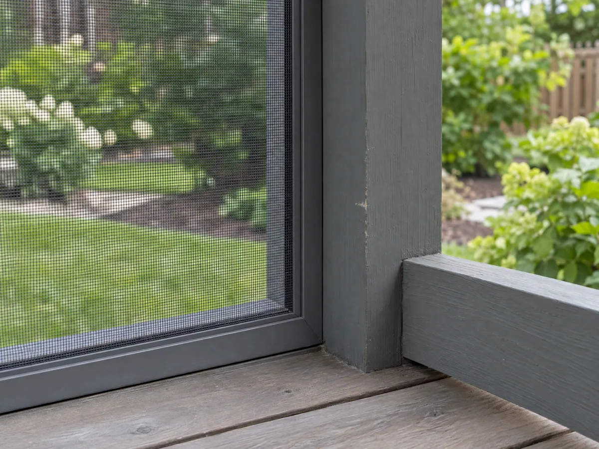 Close-up of a porch screen panel in a charcoal frame meeting a painted grey wood post and lower rail on a deck, hydrangeas beyond