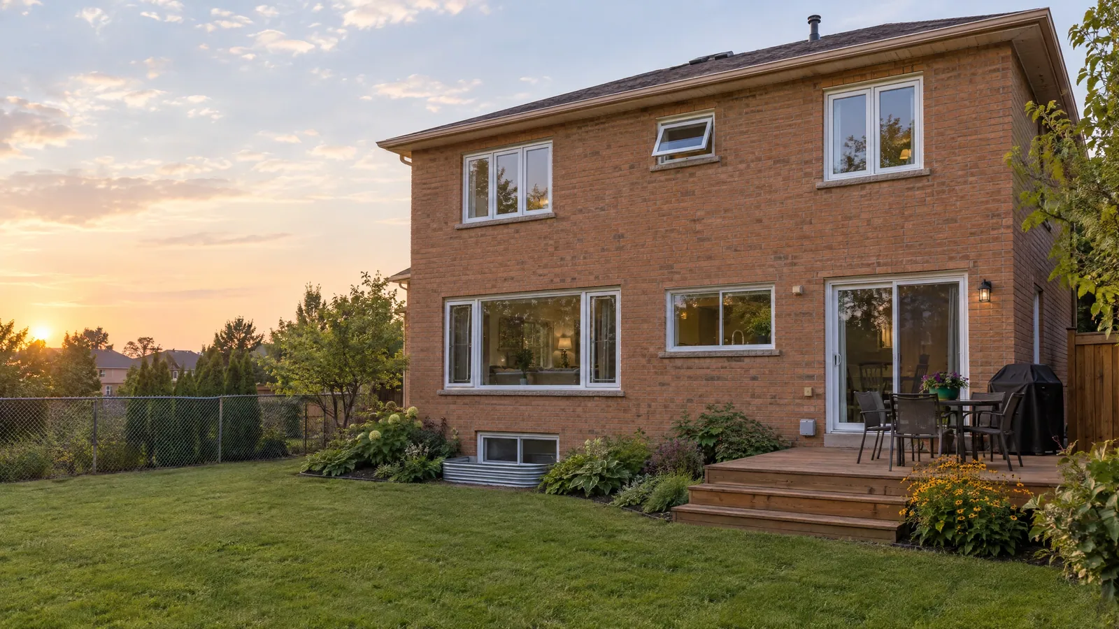 Back of a brick two-storey house at sunset with a picture window flanked by casements, a slider, casements and a small awning upstairs, a basement window and a sliding door onto a deck