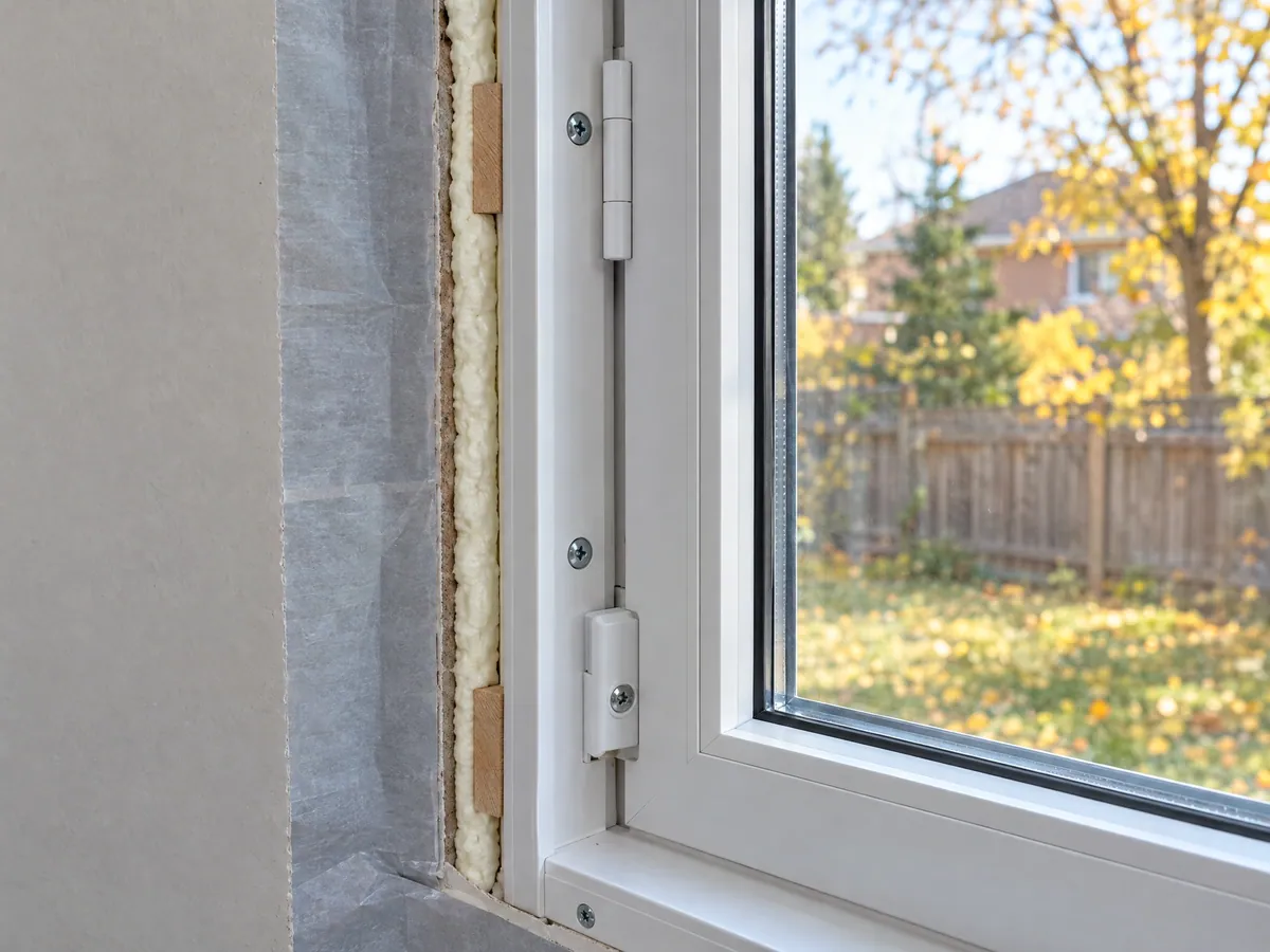 Close-up of a new white vinyl casement frame in its opening, with wood shims and spray-foam insulation visible between the frame and the wall before the interior trim goes on