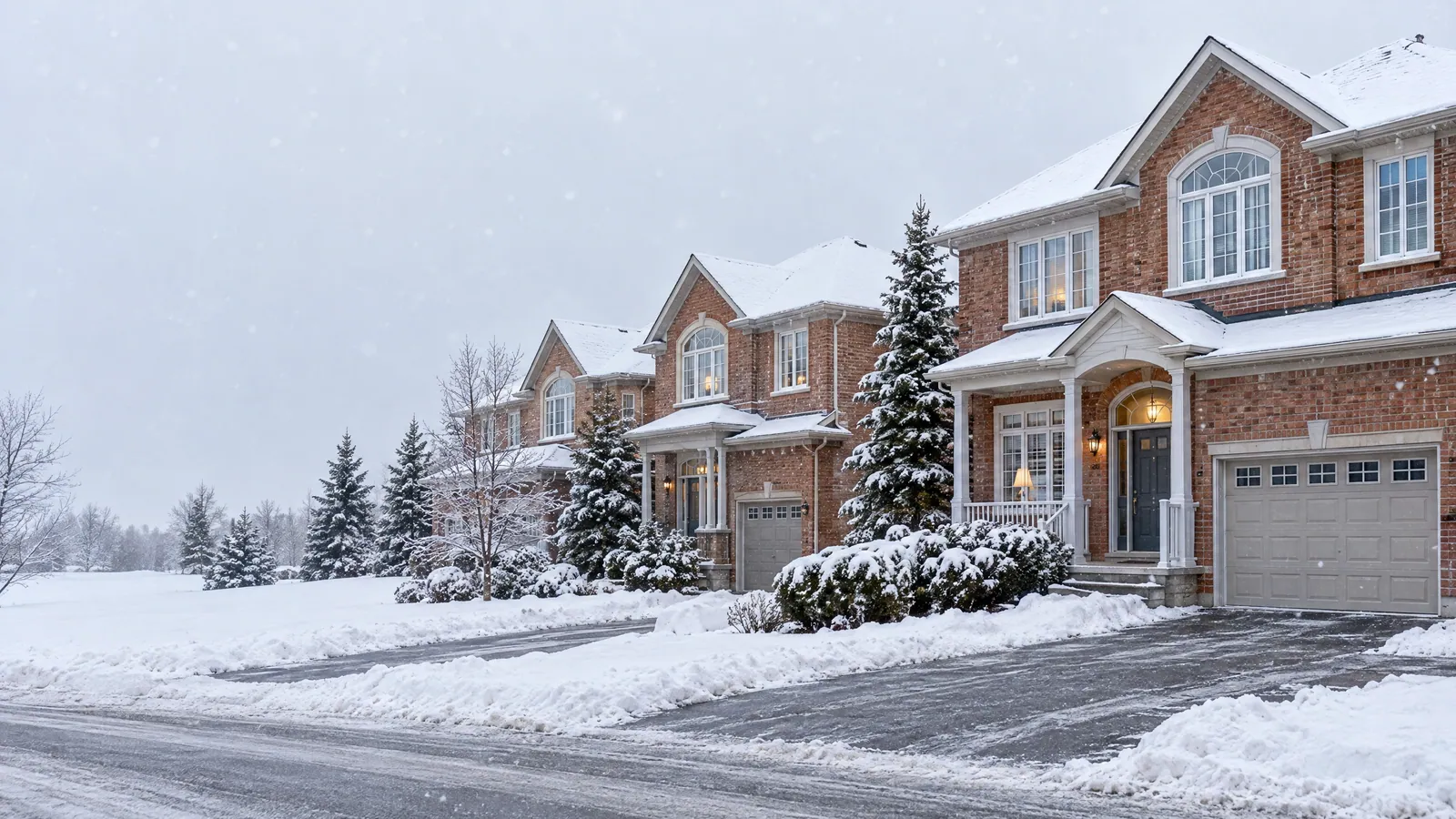 Street of 1990s red-brick houses with arched upper windows, a fanlight over a columned front entry and grilled windows during a steady snowfall