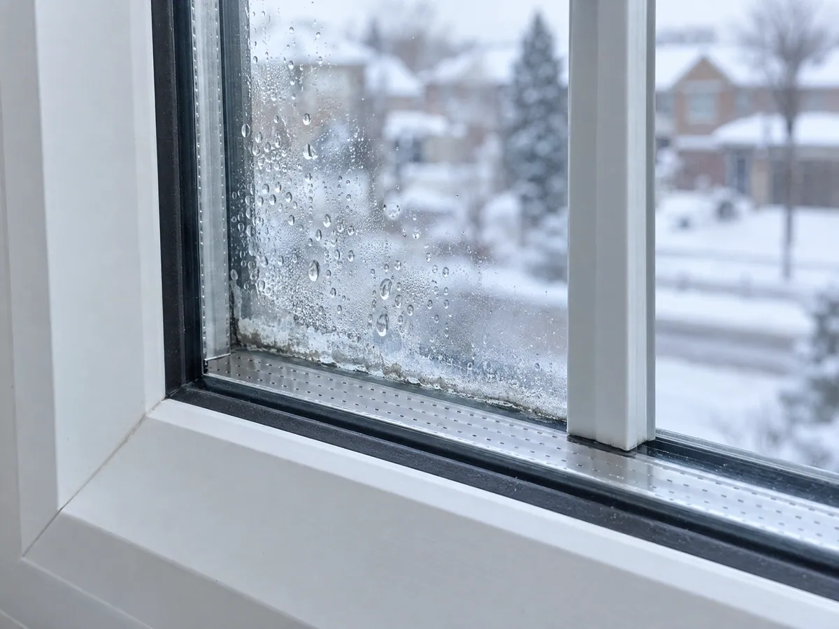 Bottom corner of a white window with droplets and white mineral residue trapped between the panes along the spacer bar, a grille bar and a snowy street beyond