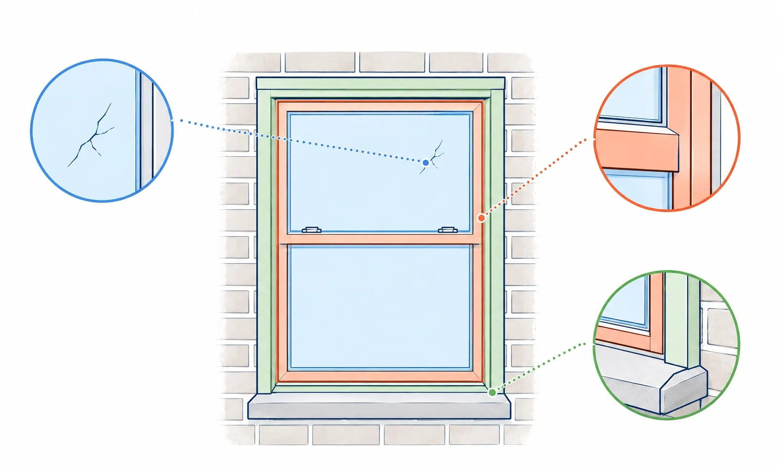 Diagram of a double-hung window in a brick wall, with close-up circles separating a cracked pane in blue, the sash in orange, and the frame and sill in green